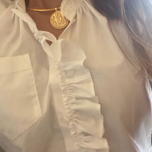 "KIKI" by KMJ.  White vertical Ruffle Button-Down Shirt